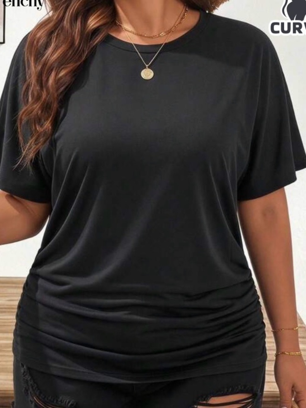 Curvy Black Short Sleeve Crewneck Top with Side Ruching